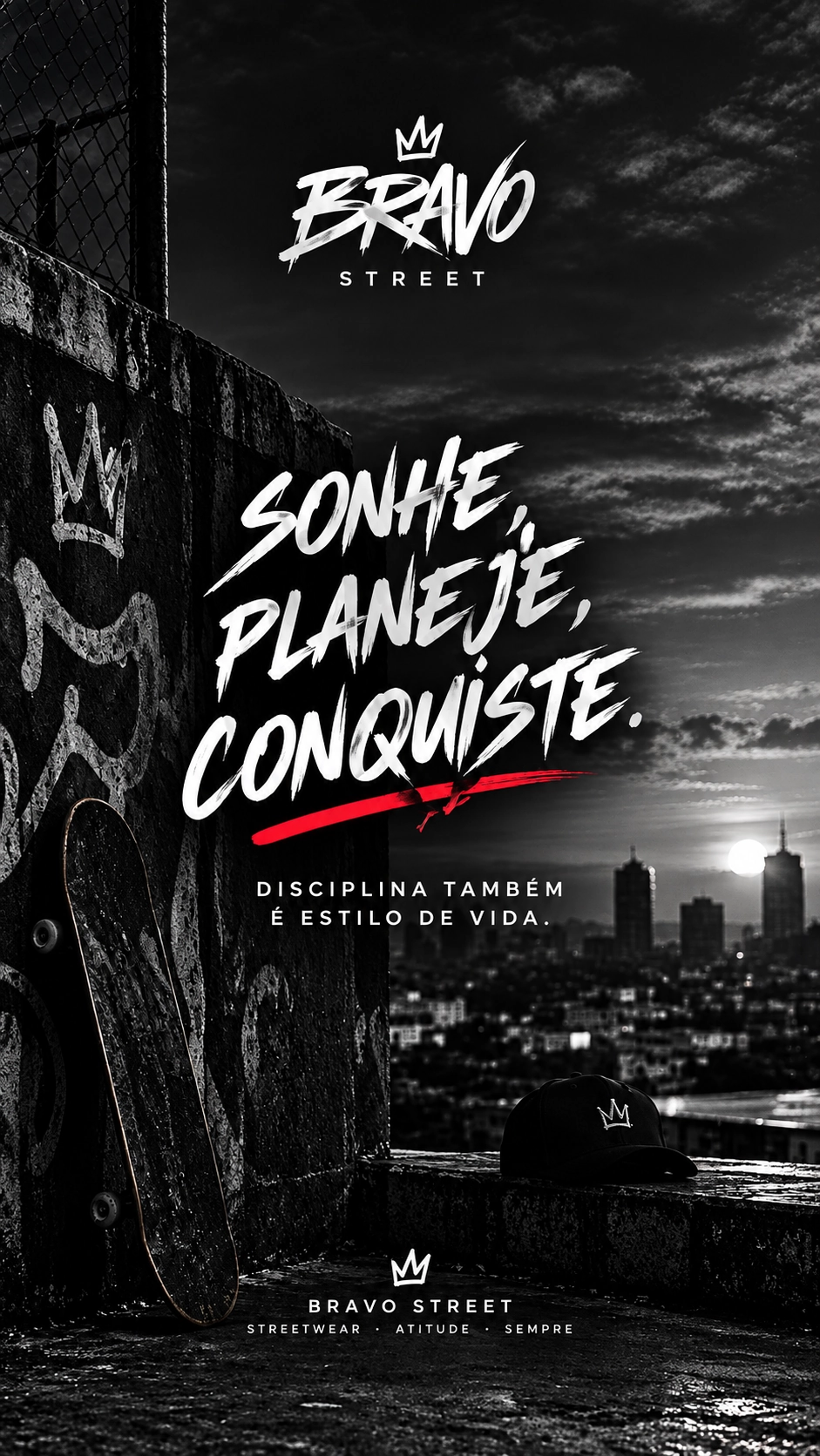 Arte da Bravo Street: skate encostado num muro pichado, cidade ao fundo e a frase “Sonhe, planeje, conquiste. Disciplina também é estilo de vida.”